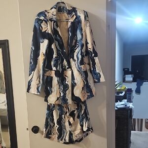 Abstract Blue and Cream Blazer and Shorts Set